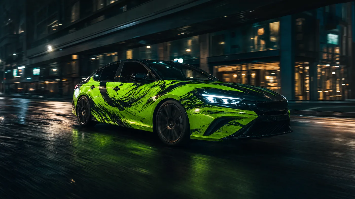 Car wrapped in lime green vinyl advertising on a city street at night